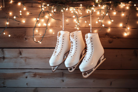 White ice skates are displayed hanging on a wooden wall, illuminated by soft warm fairy lights, creating a cozy and inviting atmosphere, perfect for winter activities and decor.の素材