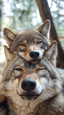 Two wolves are positioned close together, showing their unique features and expressions. The setting sun filters through the trees, creating a warm atmosphere in the tranquil forest.の素材