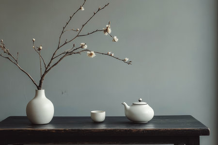 A calm indoor arrangement features a simple white teapot and small bowl placed on a wooden tray, complemented by a vase holding delicate blooming branches, enhancing tranquility.の素材