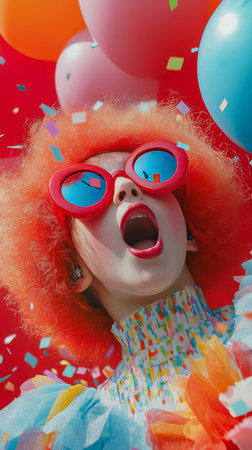 A child wears vibrant sunglasses and a fluffy colorful coat while joyfully celebrating amidst confetti and balloons. The festive atmosphere highlights pure happiness and fun.の素材