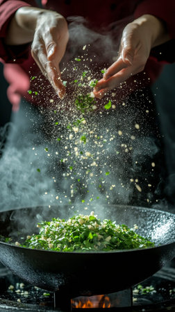 A chef skillfully sprinkles fresh herbs over a sizzling stir fry in a bustling kitchen. Steam rises as the vibrant ingredients blend together, creating an aromatic experience.の素材