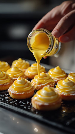 A skilled chef is gently pouring a vibrant yellow sauce over finely decorated pastries in a contemporary kitchen. The warm light from the sunset highlights the textures and colors of the desserts.の素材