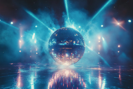 A disco ball hangs from the ceiling, reflecting colorful lights across the dance floor. The vibrant atmosphere creates a festive ambiance, inviting guests to dance and enjoy.の素材