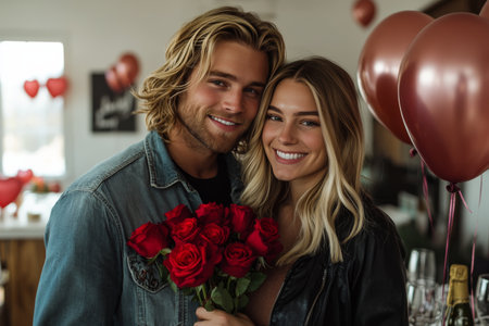 A couple stands together, smiling joyfully as they hold a bouquet of red roses. The warm evening light and festive balloons create a romantic atmosphere in their cozy home.の素材