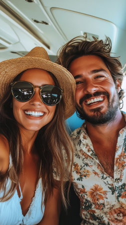 A man and woman share a joyful moment on a plane, both dressed in summer clothes. The woman wears a large hat and sunglasses while the man sports a floral shirt, radiating happiness.の素材