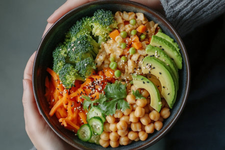 A person holds a colorful vegetarian bowl filled with broccoli, carrots, chickpeas, avocado slices, and fresh herbs, showing a nutritious meal rich in vegetables and flavors.の素材