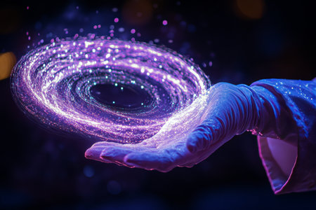 A gloved hand gracefully wields a wand that emits a swirl of sparkling magic in a deep blue, enchanting atmosphere filled with shimmering lights and colors.の素材