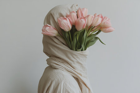 A person stands with a casual hoodie, showcasing a vibrant bouquet of pink tulips nestled against their back. The soft background enhances the floral arrangements colors and shape.の素材