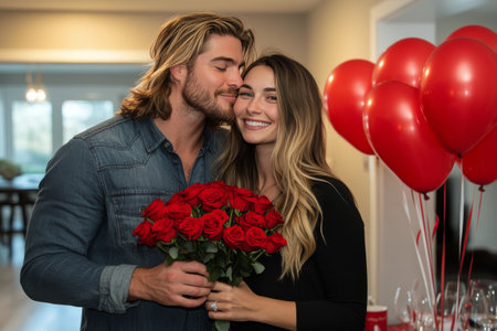 A couple stands together, smiling joyfully as they hold a bouquet of red roses. The warm evening light and festive balloons create a romantic atmosphere in their cozy home.の素材