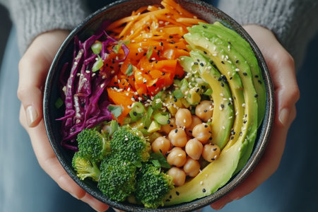 A person holds a colorful vegetarian bowl filled with broccoli, carrots, chickpeas, avocado slices, and fresh herbs, showing a nutritious meal rich in vegetables and flavors.の素材