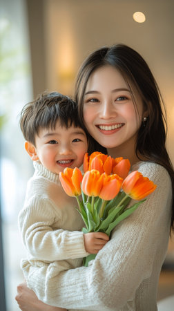 A joyful moment between a mother and her son is captured as they smile together. The mother holds a vibrant bouquet of tulips, brightening their cozy indoor space.の素材