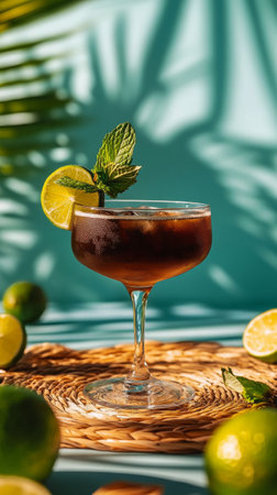A glass filled with a dark iced drink garnished with a lime slice and mint leaves rests on a woven mat, surrounded by vibrant green limes. The background features tropical leaves.の素材