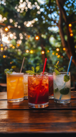Four vibrant cocktails are arranged on a wooden table illuminated by soft garden lights, creating a cheerful atmosphere for a warm summer gathering. Fresh mint adorns each drink.の素材