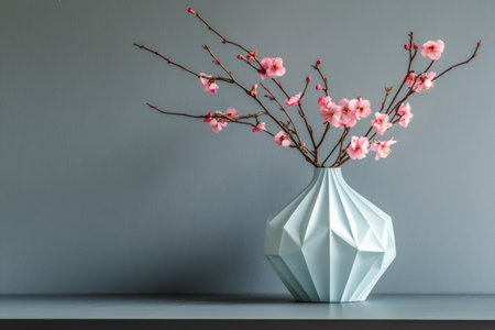 A modern blue vase holds delicate cherry blossom branches with soft pink flowers, beautifully contrasting with a textured gray wall. The arrangement adds a touch of elegance to the space.の素材