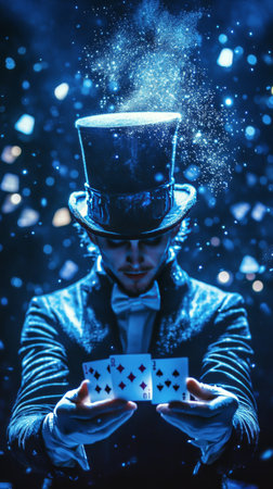 The magician, dressed in a formal suit and top hat, focuses intently on a deck of playing cards. Shimmering particles float through the air, creating a mystical atmosphere.の素材