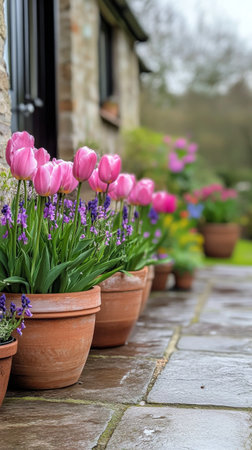 Colorful pink tulips and blue flowers are arranged in terracotta pots along a stone patio, creating a vibrant outdoor space filled with spring beauty.の素材
