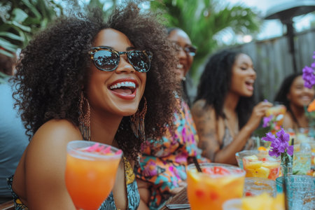 A lively group of friends shares laughter while sipping vibrant cocktails adorned with flowers at a sunny outdoor gathering. The joyful atmosphere reflects summer relaxation and camaraderie.の素材