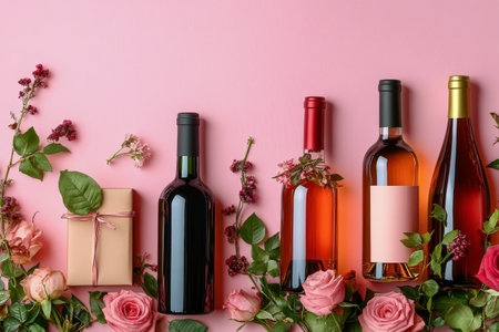 Four wine bottles are surrounded by lush red roses and neatly wrapped gifts, set against a soft pink background. This display evokes a romantic and celebratory atmosphere.の素材