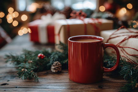A vibrant red ceramic mug sits on a rustic wooden table adorned with evergreen branches.の素材