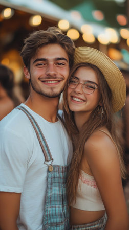 A young man and woman are happily posing together at a lively event. They are surrounded by warm lights and festive decorations, creating a joyful ambiance.の素材