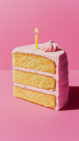 A beautifully sliced chocolate cake showcases layers of cake and filling, topped with whipped cream and cherries. A single candle adds a festive touch, making it perfect for celebrations.の素材