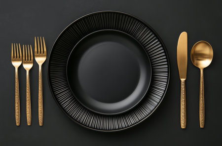 A stylish black plate and bowl sit atop a textured background, surrounded by gold utensils including forks, knife, and spoon, ready for an inviting dining experience.の素材