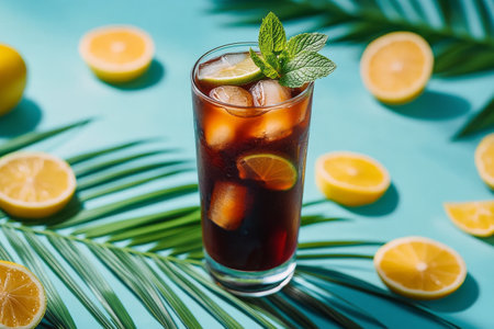 A tall glass filled with a dark iced beverage sits on a bright blue surface surrounded by fresh lemons and green mint leaves. The drink is garnished with a slice of lemon for a refreshing look.の素材