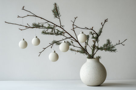 A sleek white vase holds fresh evergreen branches while two glossy white ornaments hang beside it, creating a serene holiday atmosphere in a contemporary interior space.の素材