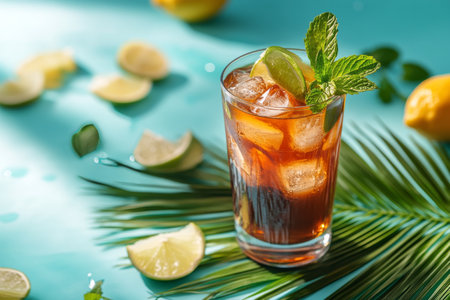 A tall glass filled with a dark iced beverage sits on a bright blue surface surrounded by fresh lemons and green mint leaves. The drink is garnished with a slice of lemon for a refreshing look.の素材