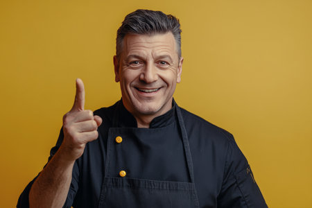 A cheerful chef stands with a friendly smile, pointing upward against a vivid yellow backdrop, ready to share culinary insights and engage with his audience about cooking techniques.の素材