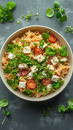 A vibrant salad features ripe tomatoes, creamy cheese, and fresh herbs. It is plated in a dark bowl on a textured surface, creating an appealing and appetizing appearance.の素材