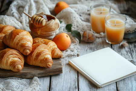 A collection of warm croissants is presented on a wooden board alongside honey, citrus fruits, and candles, creating a cozy breakfast setting filled with warmth and comfort.の素材