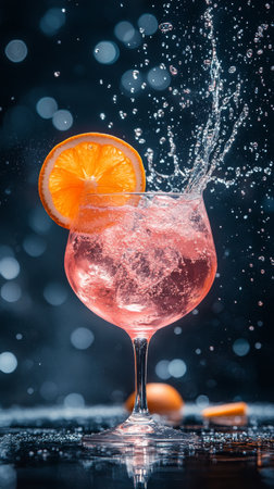 A vibrant cocktail featuring a splash of bubbles sits elegantly in a glass. An orange slice garnishes the drink, adding color to the lively atmosphere with a blurred, sparkling background.の素材
