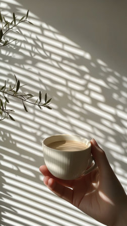 A person holds a white cup filled with coffee while sitting by a window. Sunlight filters through blinds, casting beautiful striped shadows on the surface. The ambiance is warm and inviting.の素材