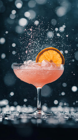 A vibrant cocktail featuring a splash of bubbles sits elegantly in a glass. An orange slice garnishes the drink, adding color to the lively atmosphere with a blurred, sparkling background.の素材
