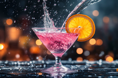 A vibrant cocktail is being poured into a tall glass, splashing droplets in the air. The drink, adorned with a slice of orange, captures the festive atmosphere of the evening.の素材