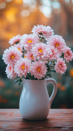 A bouquet of soft pink flowers fills a white pitcher resting on a rustic wooden table. The warm glow of sunset enhances the natural beauty of the garden background.の素材