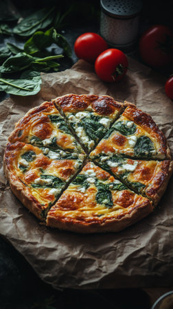 A delicious quiche filled with spinach and cheese is sliced and placed on a rustic wooden surface. Fresh tomatoes and herbs are nearby, creating a cozy kitchen atmosphere.の素材