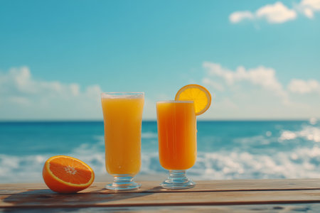 Two cocktails with citrus garnishes sit on a wooden table at the beach. The ocean sparkles in the background, evoking a relaxed summer atmosphere.の素材