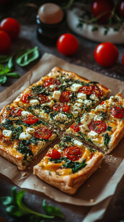 A delicious quiche filled with spinach and cheese is sliced and placed on a rustic wooden surface. Fresh tomatoes and herbs are nearby, creating a cozy kitchen atmosphere.の素材