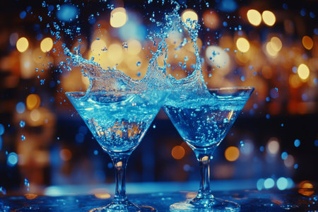 Two cocktails filled with clear liquid and citrus slices create a lively splash as they are clinked together. The ambiance features soft, blurred lights in the background, enhancing the festive mood.の素材