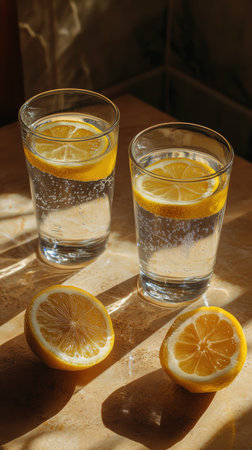 Two clear glasses filled with lemon infused water rest on a table, illuminated by warm afternoon sunlight casting soft shadows. Bright lemon slices float on top.の素材