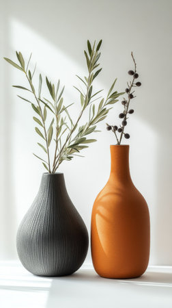Two elegantly shaped vases sit on a surface, one in orange and the other in black. Olive branches are artistically arranged in the vases, beautifully illuminated by natural sunlight.の素材