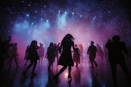 A crowd gathers in a concert venue, immersed in excitement as colorful confetti descends from above. Bright lights create an energetic atmosphere, highlighting the joy of the night.の素材