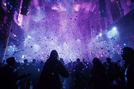 A crowd gathers in a concert venue, immersed in excitement as colorful confetti descends from above. Bright lights create an energetic atmosphere, highlighting the joy of the night.の素材