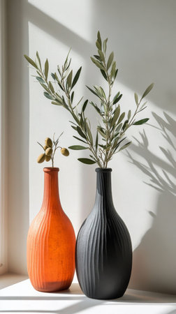 Two elegantly shaped vases sit on a surface, one in orange and the other in black. Olive branches are artistically arranged in the vases, beautifully illuminated by natural sunlight.の素材