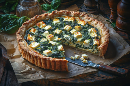 A delicious savory tart featuring a golden crust filled with spinach and cheese squares. The dish is freshly baked, sitting on brown parchment paper with a slice removed, showing its interior.の素材
