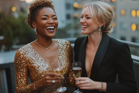 Two friends enjoy each others company while holding champagne glasses, dressed elegantly for a sunset gathering. The warm light highlights their joyful expressions and fashionable outfits.の素材