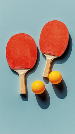 Two red table tennis paddles are placed on a bright blue surface beside a vibrant yellow ball. The paddles are oriented with handles facing down, showcasing their smooth surfaces and shadows.の素材