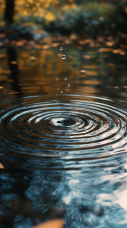 Circular ripples appear in dark water as raindrops fall, creating a soothing visual effect. The quietness of the surroundings adds to the peaceful ambiance.の素材